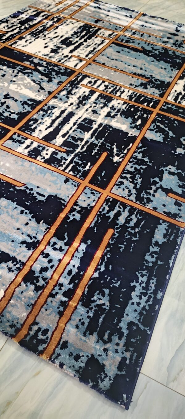 Urban Grid Navy Rug – Modern Geometric Lines with Orange Accents - Image 9