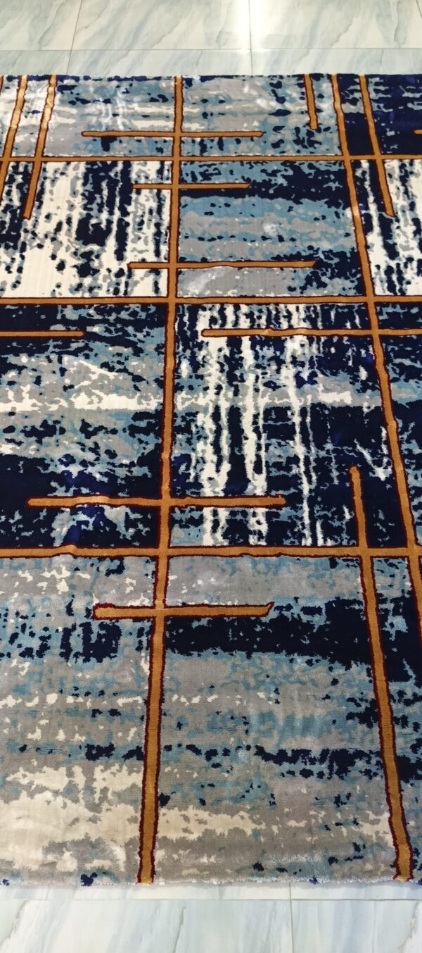 Urban Grid Navy Rug – Modern Geometric Lines with Orange Accents - Image 5