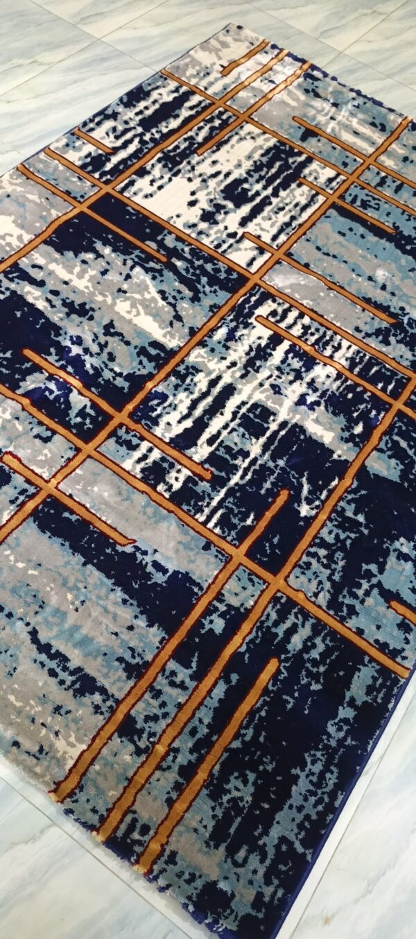 Urban Grid Navy Rug – Modern Geometric Lines with Orange Accents - Image 3