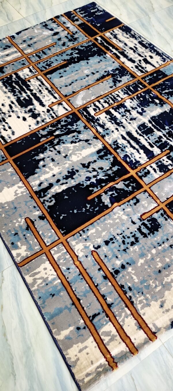 Urban Grid Navy Rug – Modern Geometric Lines with Orange Accents - Image 4