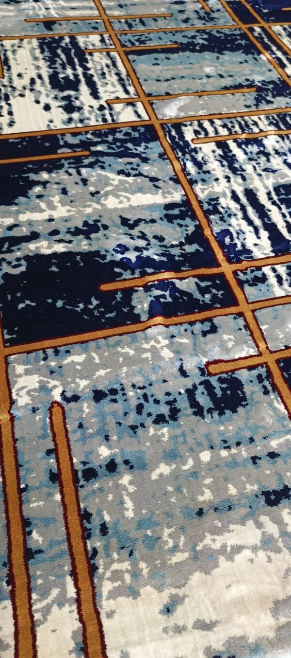 Urban Grid Navy Rug – Modern Geometric Lines with Orange Accents - Image 2