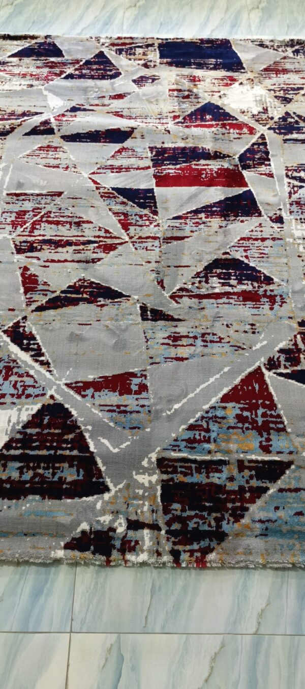Crimson Prism Rug – Red, Grey & Navy Abstract Triangles - Image 4
