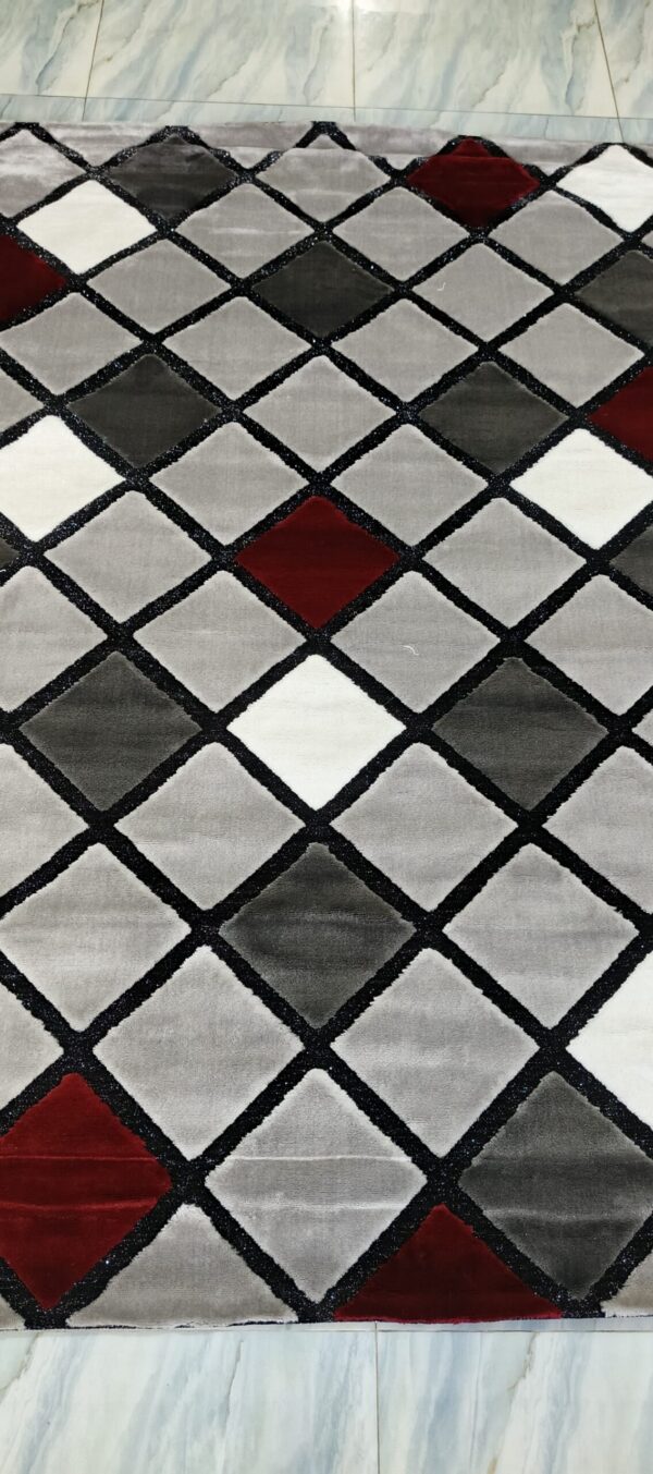 Ruby Grid Luxe Rug – Silver, Grey & Red Squares on Black Outline - Image 2