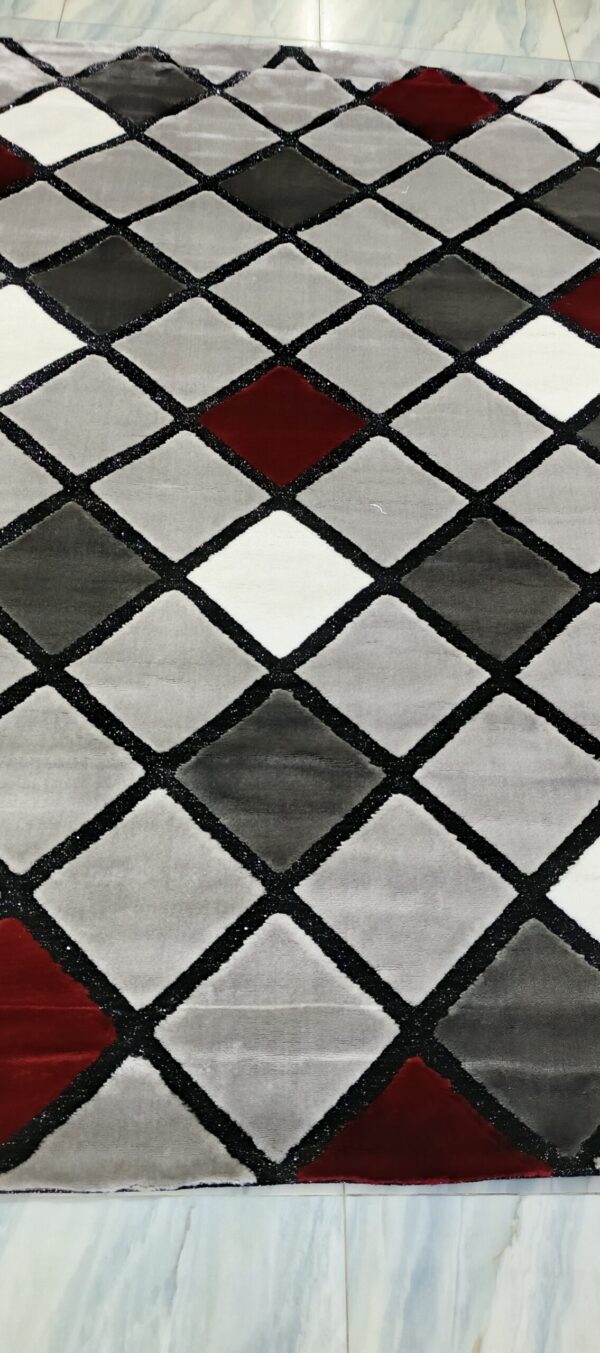 Ruby Grid Luxe Rug – Silver, Grey & Red Squares on Black Outline - Image 3