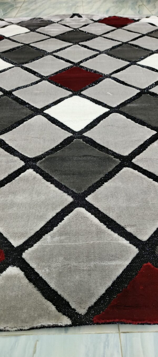 Ruby Grid Luxe Rug – Silver, Grey & Red Squares on Black Outline - Image 4