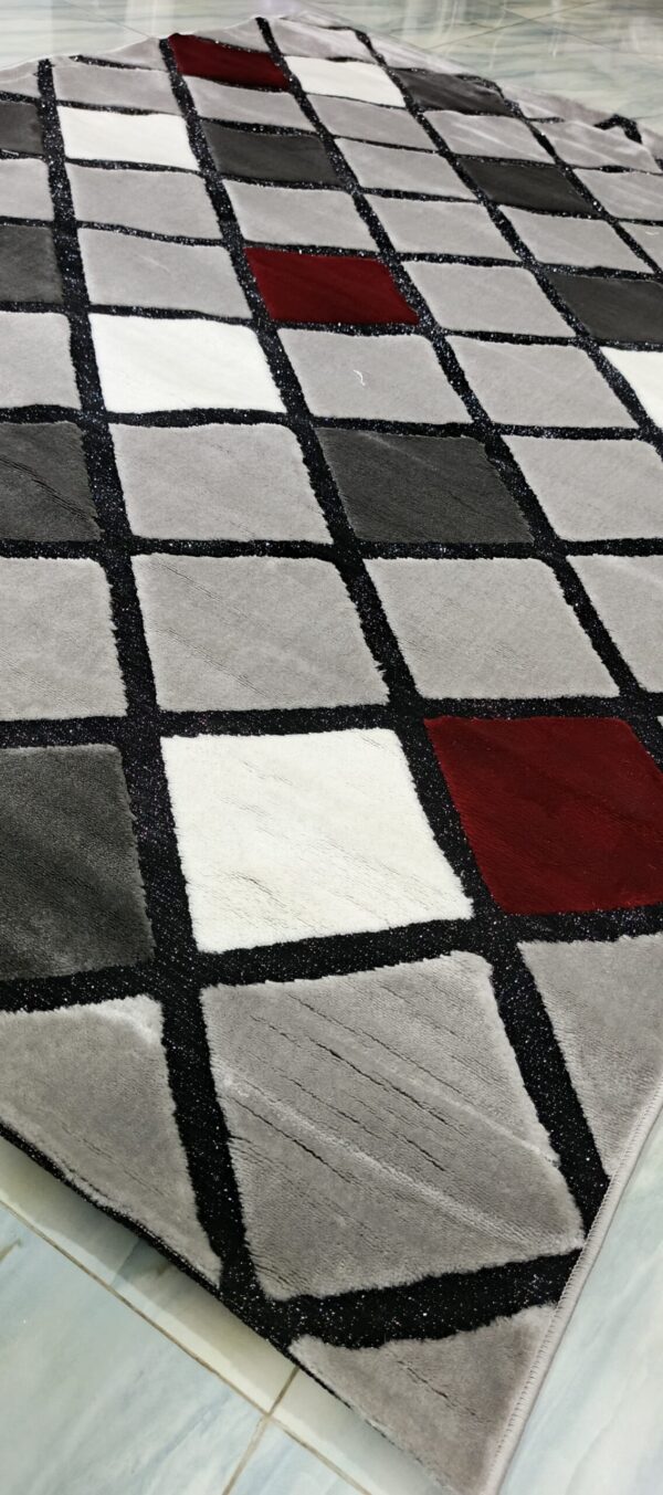 Ruby Grid Luxe Rug – Silver, Grey & Red Squares on Black Outline - Image 6