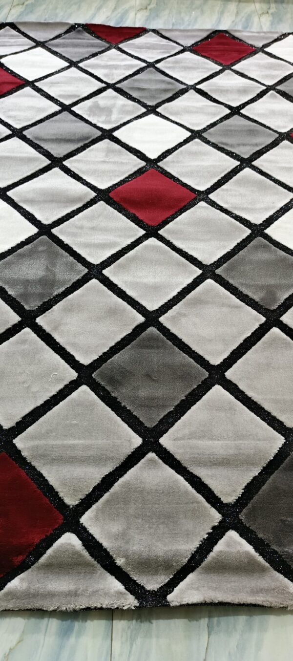Ruby Grid Luxe Rug – Silver, Grey & Red Squares on Black Outline - Image 7