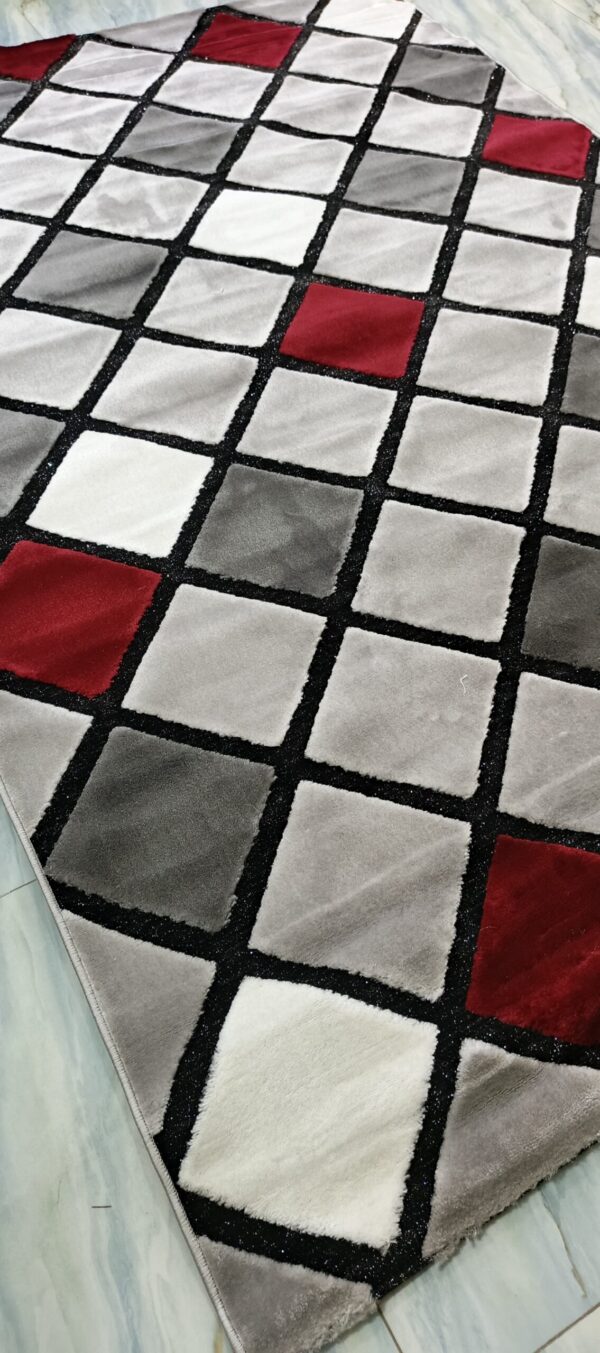 Ruby Grid Luxe Rug – Silver, Grey & Red Squares on Black Outline - Image 9
