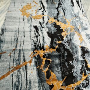 Marble Blaze – 6x9 Ft Abstract Rug in Grey, Black & Gold