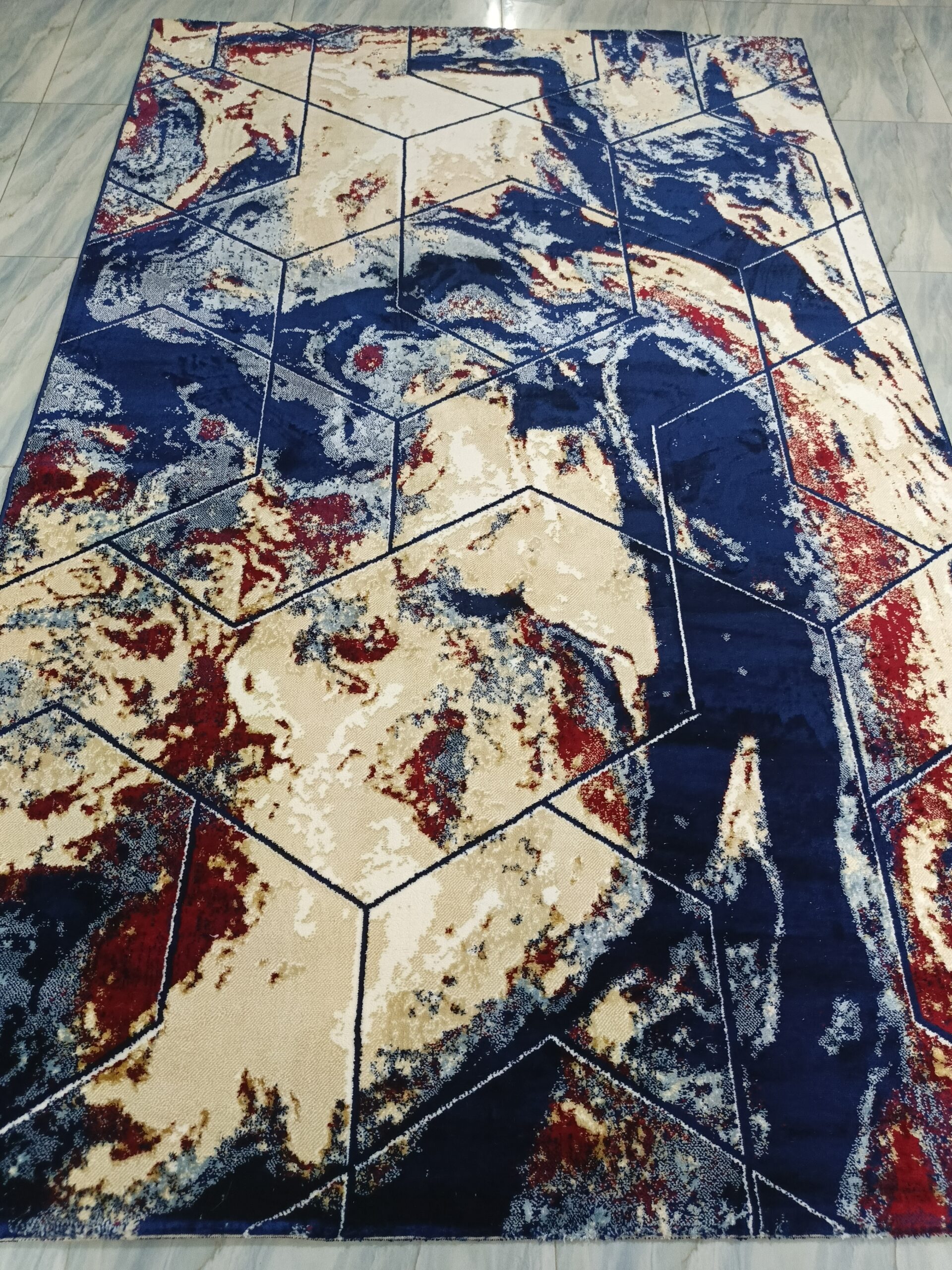 Volcanic Grid – 6x9 Ft Abstract Rug in Navy, Beige & Maroon