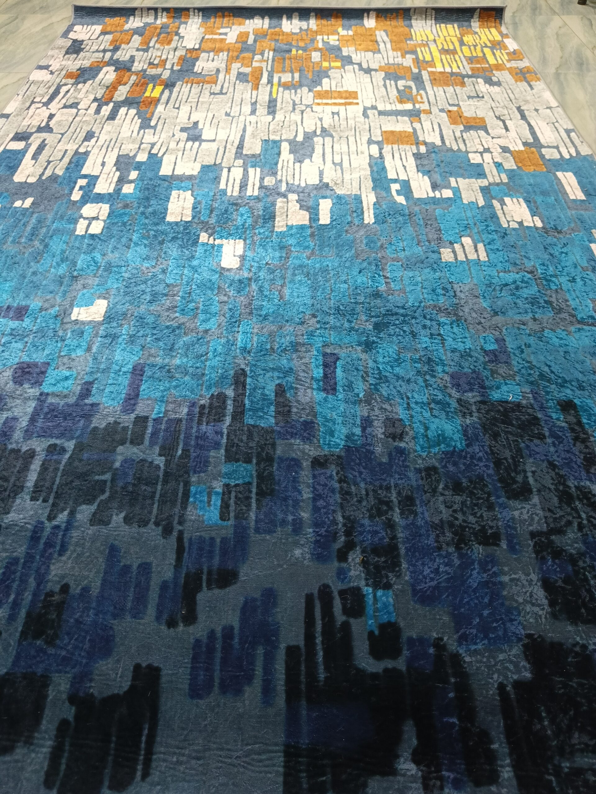 Midnight Cascade – Abstract 6x9 Ft Rug in Blue, Gold & Grey Tones