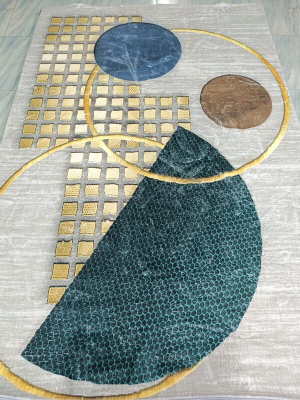 Orbit Luxe – 6x9 Ft Modern Rug in Beige, Gold & Teal Blue
