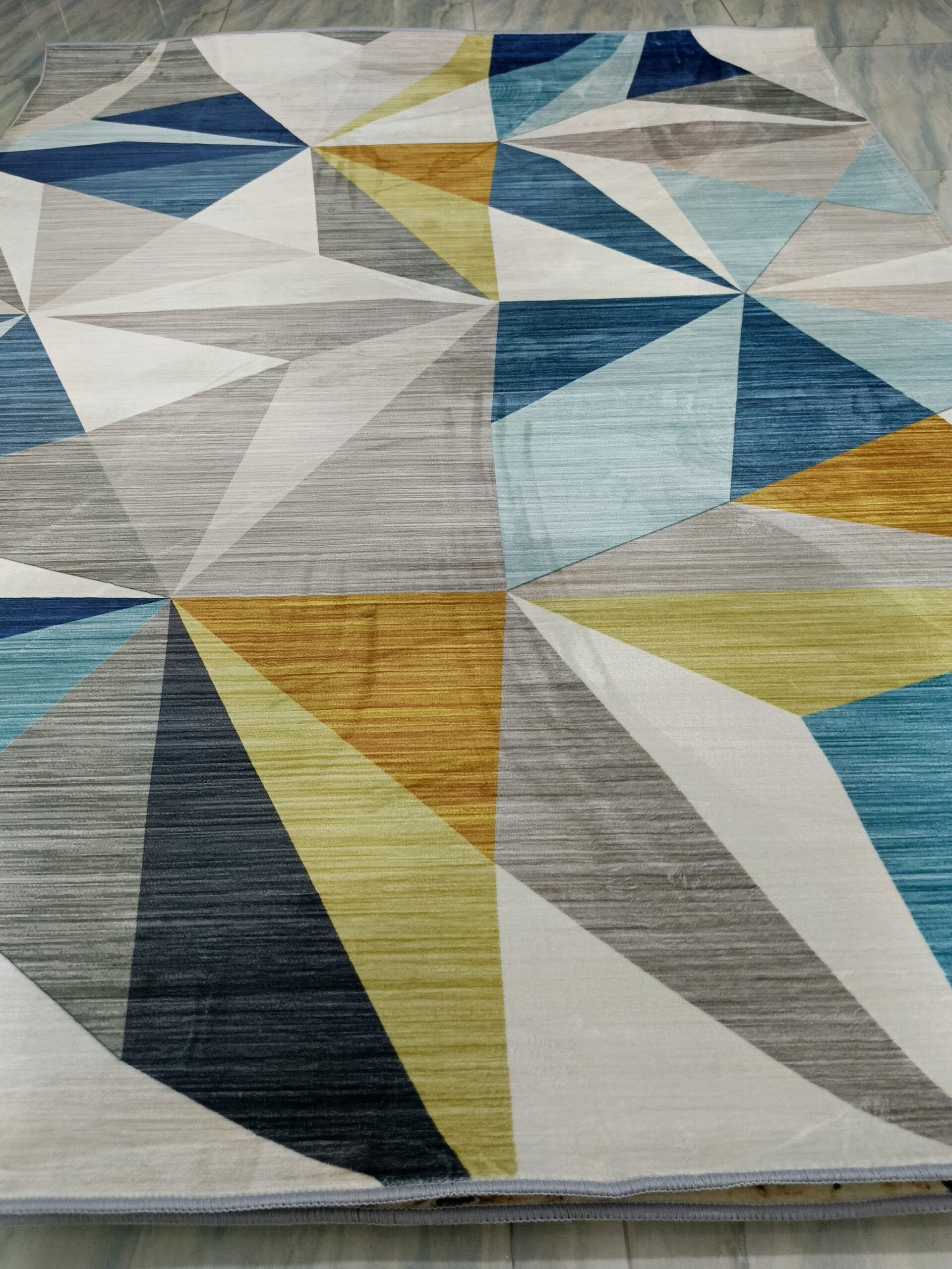 Prism Radiance – Geometric Rug in Sky Blue, Mustard & Neutrals