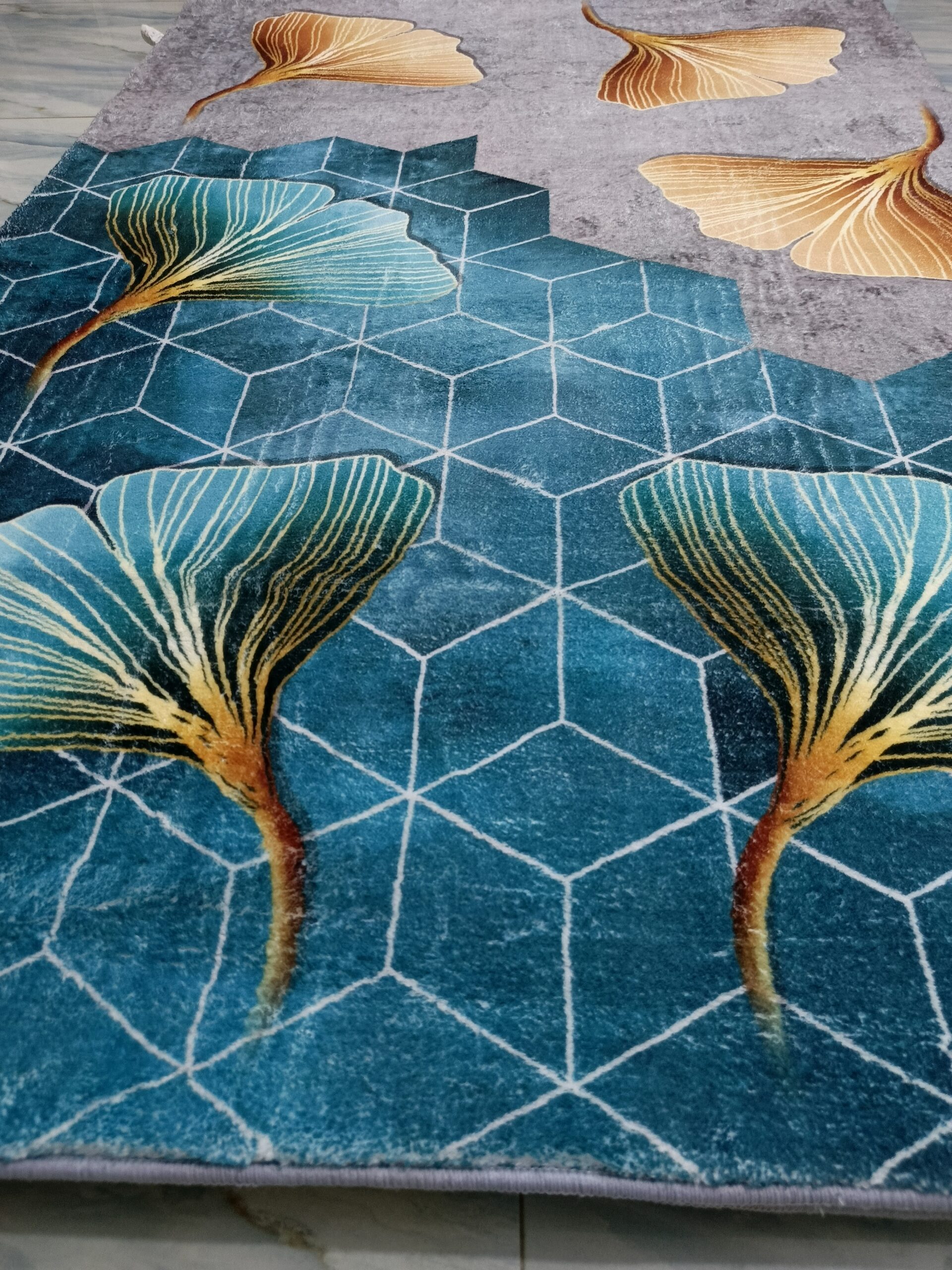 Botanic Fall – 4x6 Ft Floral Rug in Teal, Grey & Golden Brown