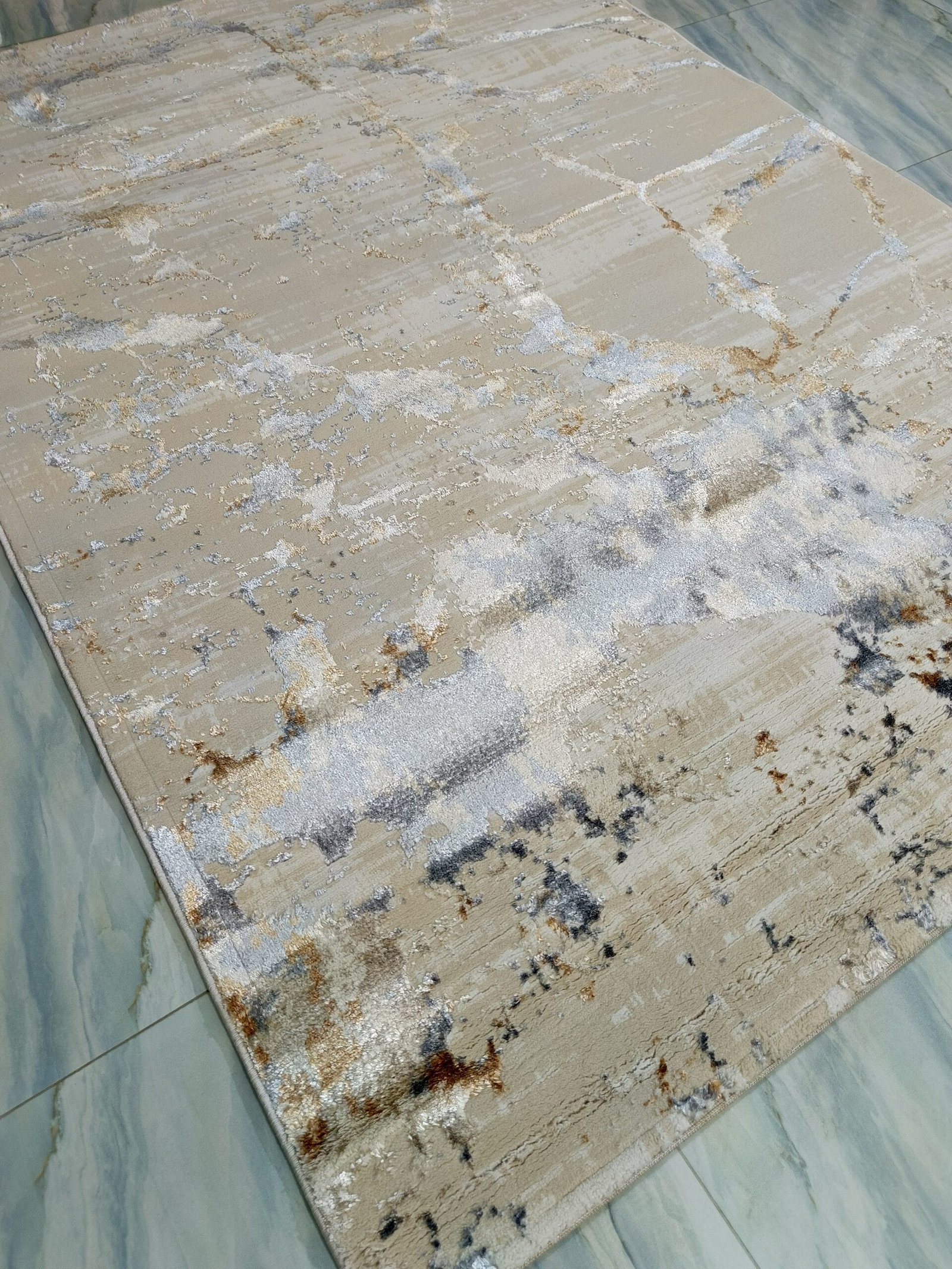 Modern Abstract Rug – 3D Glossy Texture | Premium Turkish Carpet in Cream, Grey & Gold Blend - Image 3