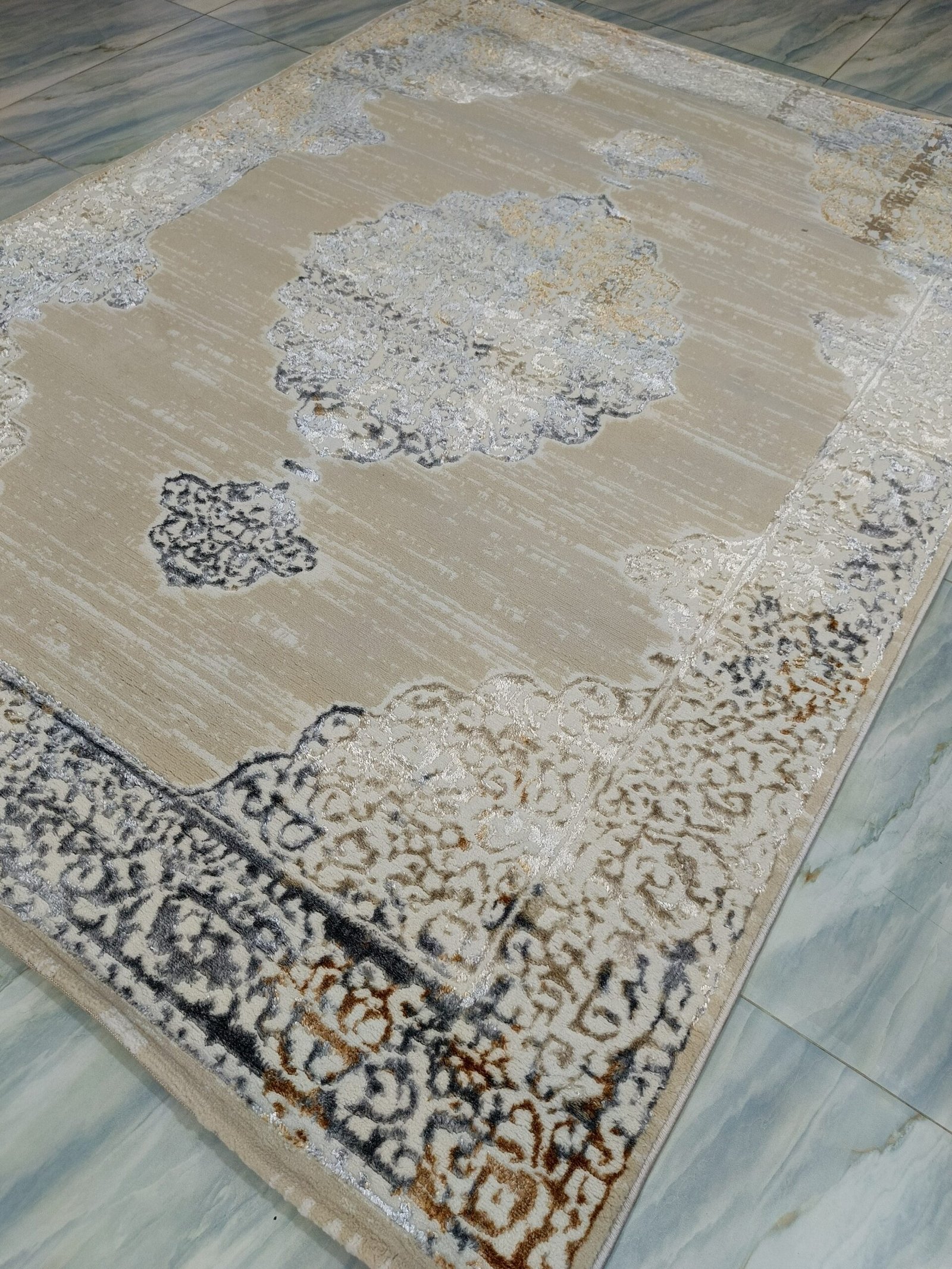 Elegant Turkish Medallion Rug – Beige & Grey | Classic Patterned Carpet for Timeless Interiors - Image 2