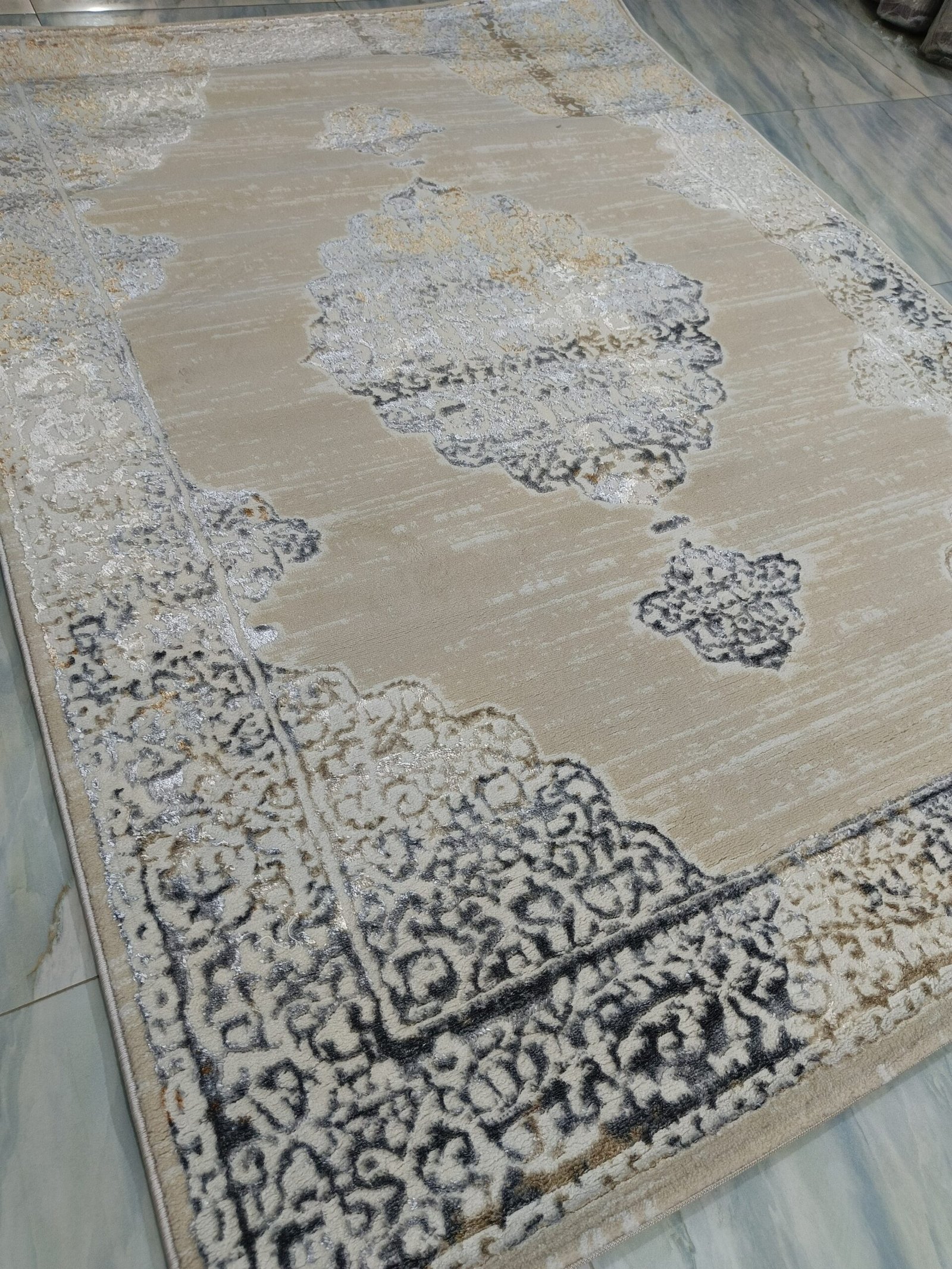 Elegant Turkish Medallion Rug – Beige & Grey | Classic Patterned Carpet for Timeless Interiors - Image 3