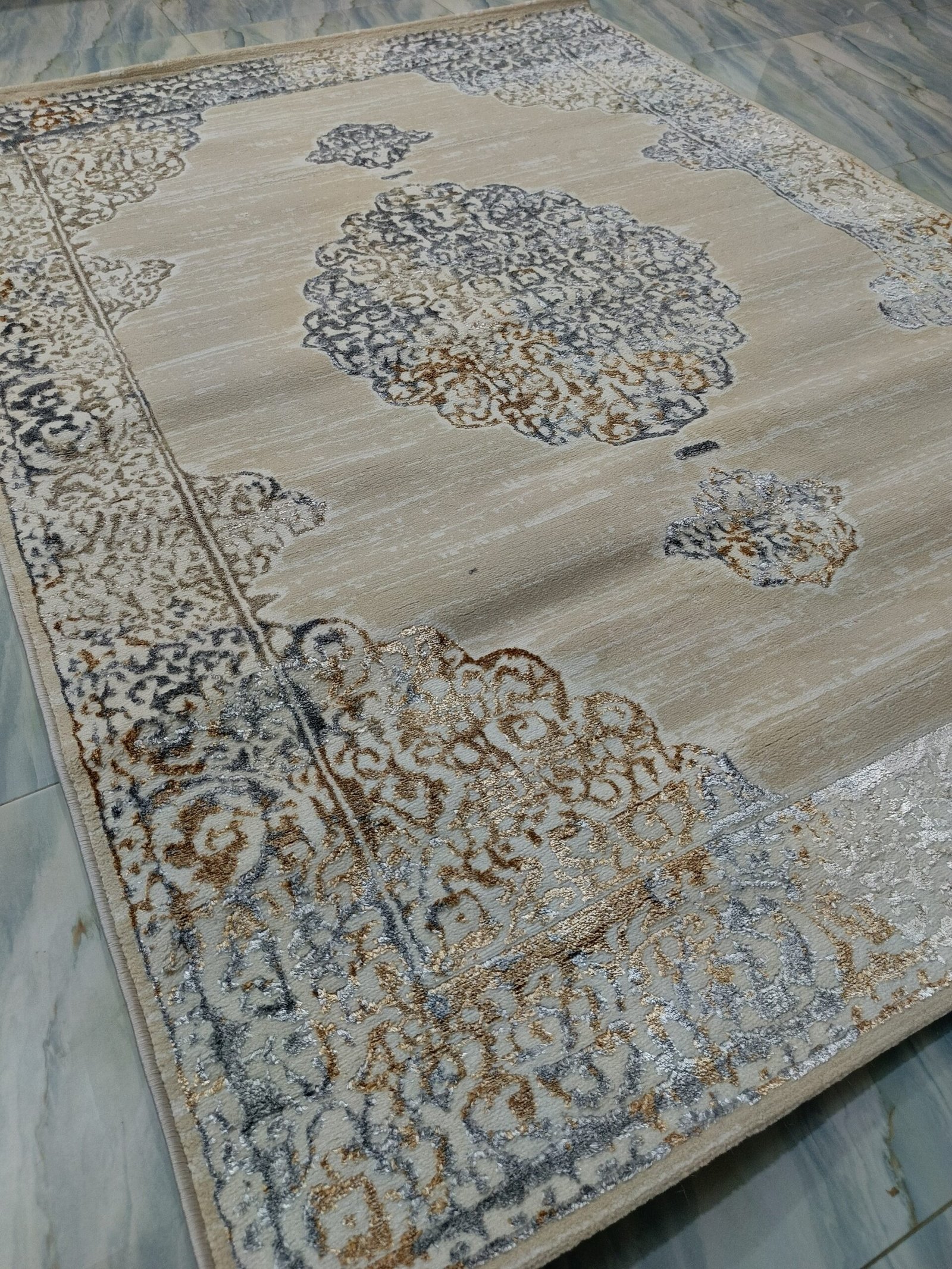 Elegant Turkish Medallion Rug – Beige & Grey | Classic Patterned Carpet for Timeless Interiors - Image 4