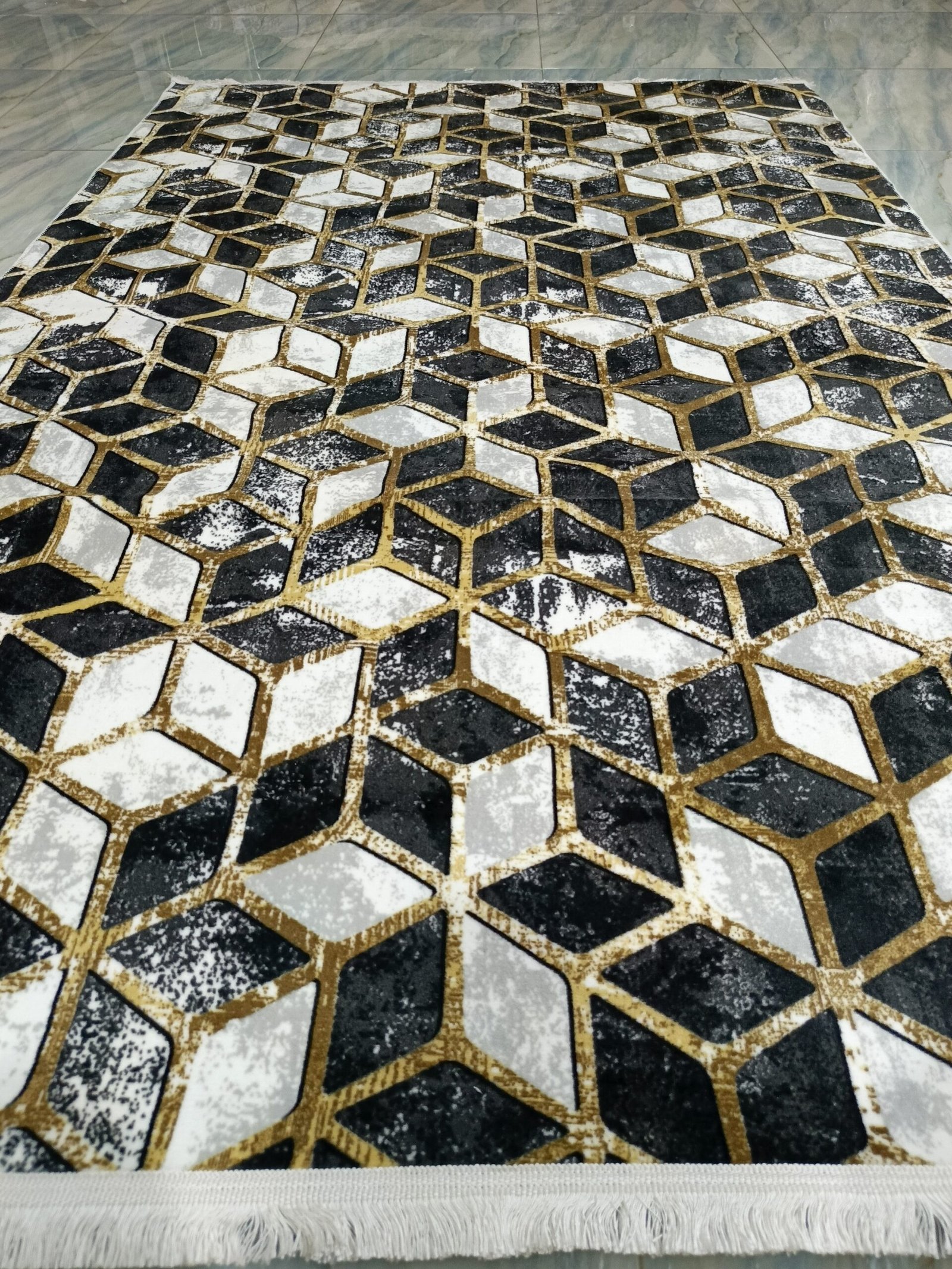 Premium Turkish Rug – Geometric 3D Cube Design | Gold, Black & White Modern Carpet with Anti-Slip Backing - Image 2