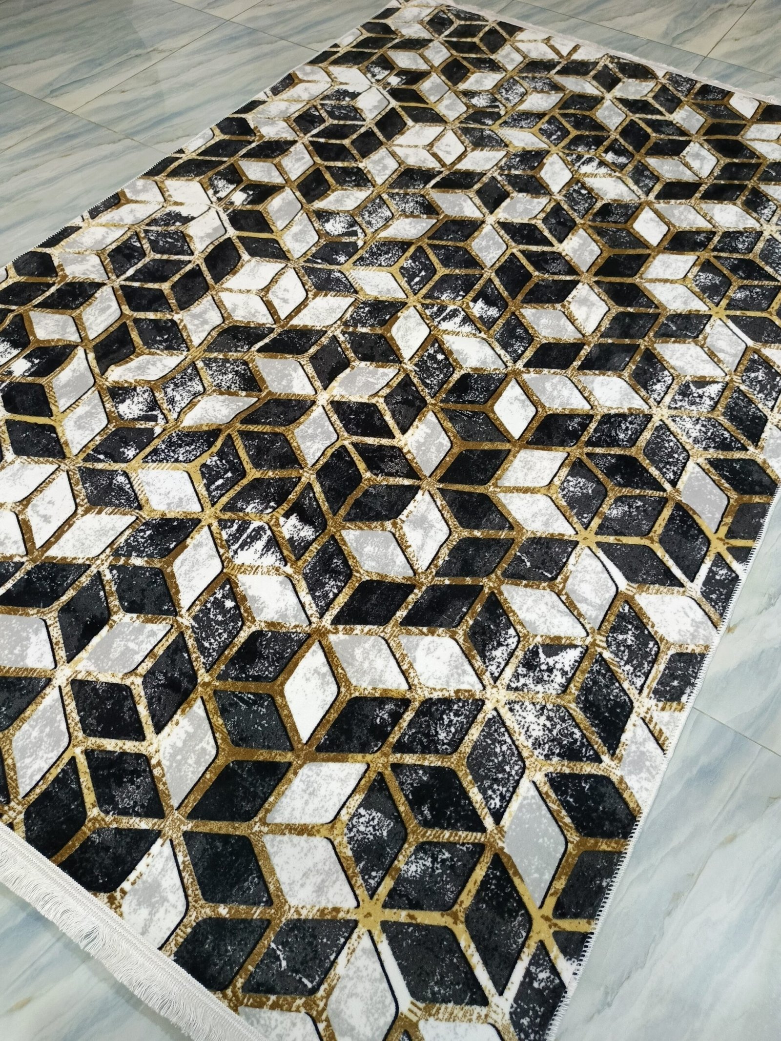 Premium Turkish Rug – Geometric 3D Cube Design | Gold, Black & White Modern Carpet with Anti-Slip Backing - Image 3