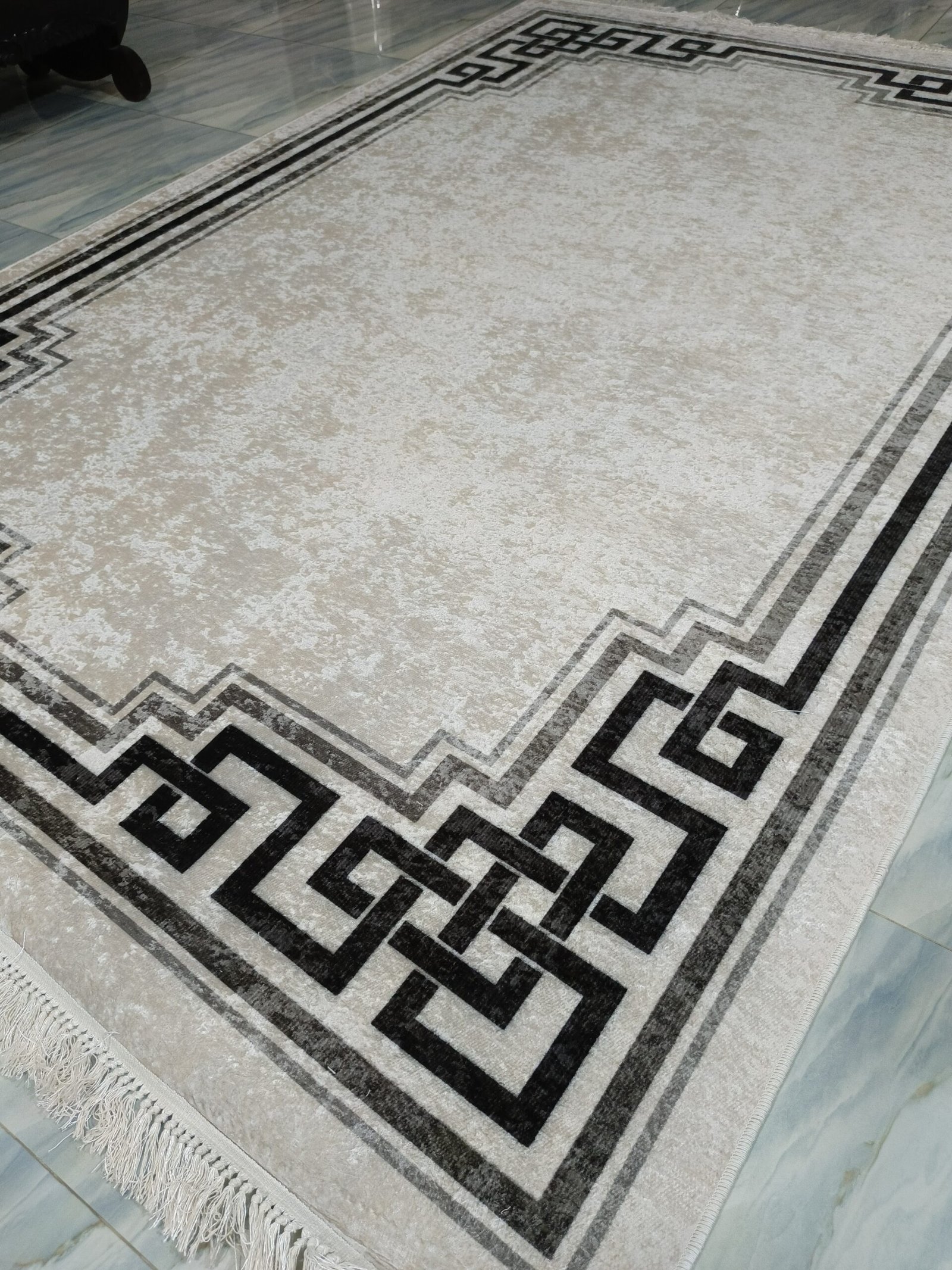 Premium Turkish Rug with Greek Border Design – 6.2 × 9.8 ft – Minimalist Beige & Black – Soft Texture & Leather Back – Easy to Wash - Image 3