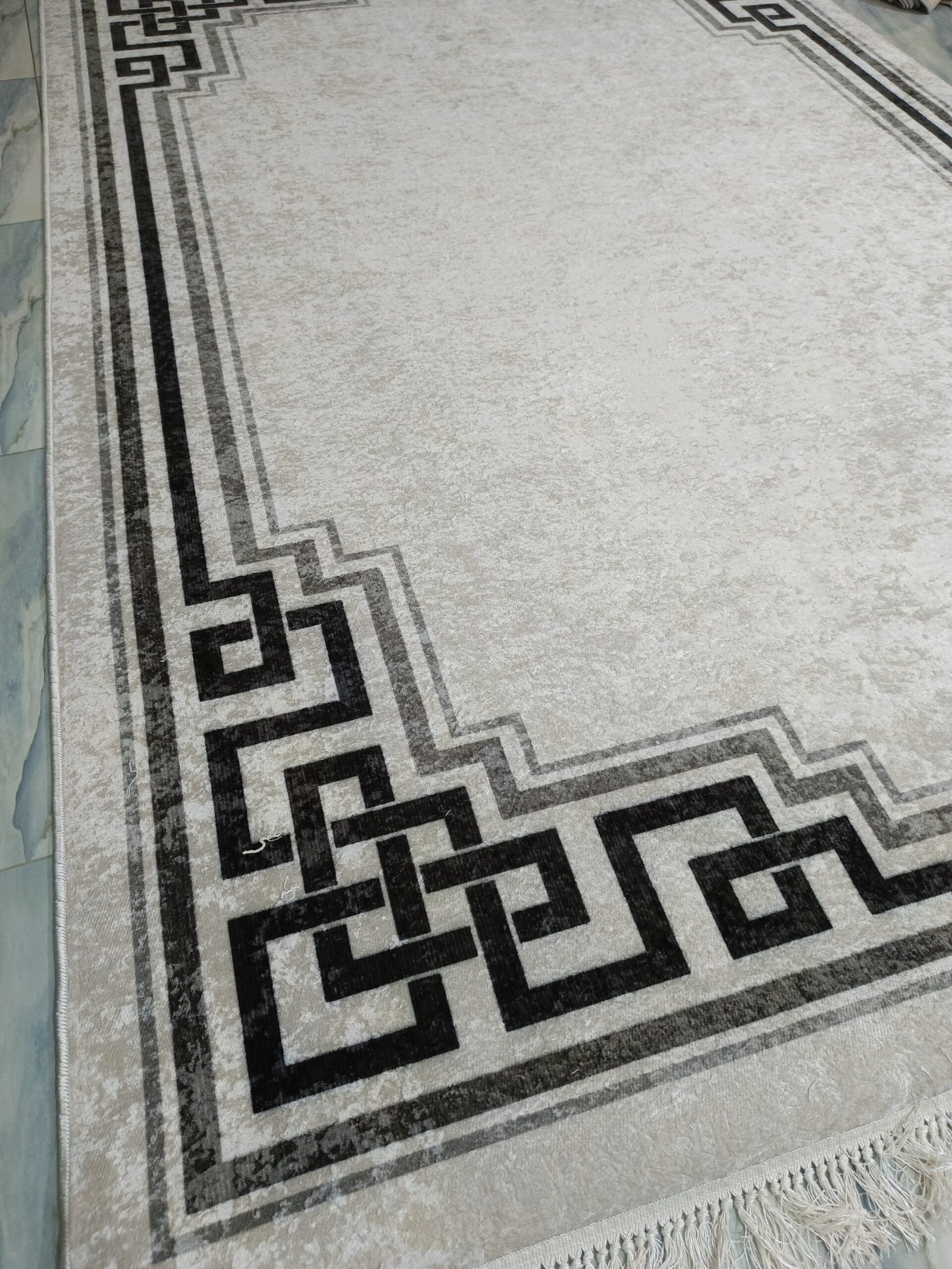 Premium Turkish Rug with Greek Border Design – 6.2 × 9.8 ft – Minimalist Beige & Black – Soft Texture & Leather Back – Easy to Wash - Image 4