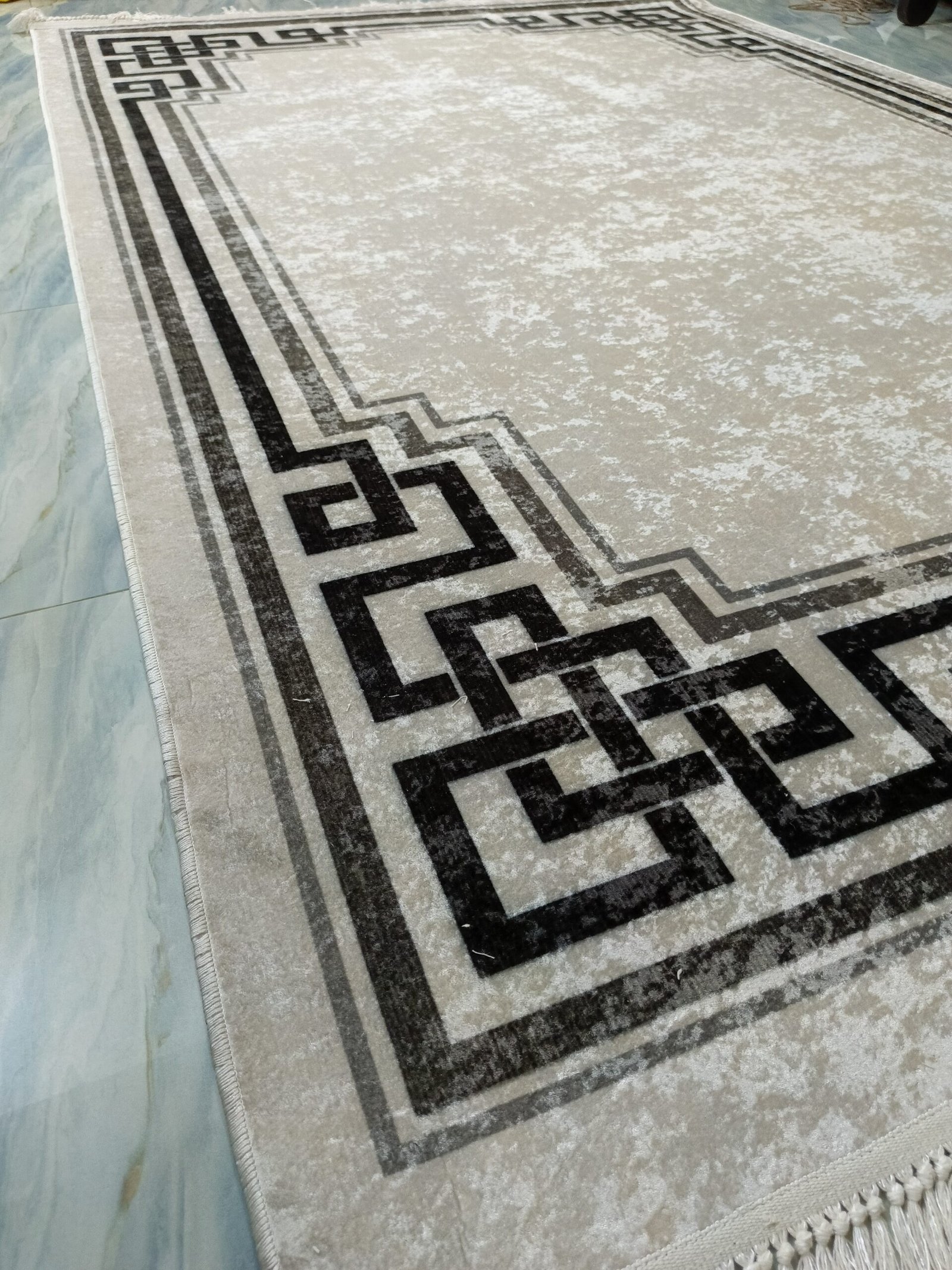 Premium Turkish Rug with Greek Border Design – 6.2 × 9.8 ft – Minimalist Beige & Black – Soft Texture & Leather Back – Easy to Wash - Image 5