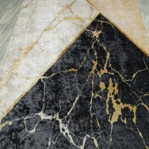 Marble-Inspired Turkish Rug – 6.2 × 9.8 ft – Black, Gold & Beige Geometric Design – Premium Quality with Leather Back – Soft & Washable