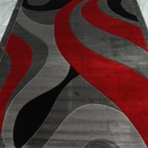Modern Turkish Carpet – 6.5 × 9.5 ft – Bold Red, Black & Grey Waves – Ultra-Soft, Durable, and Statement-Making Rug for Living Spaces