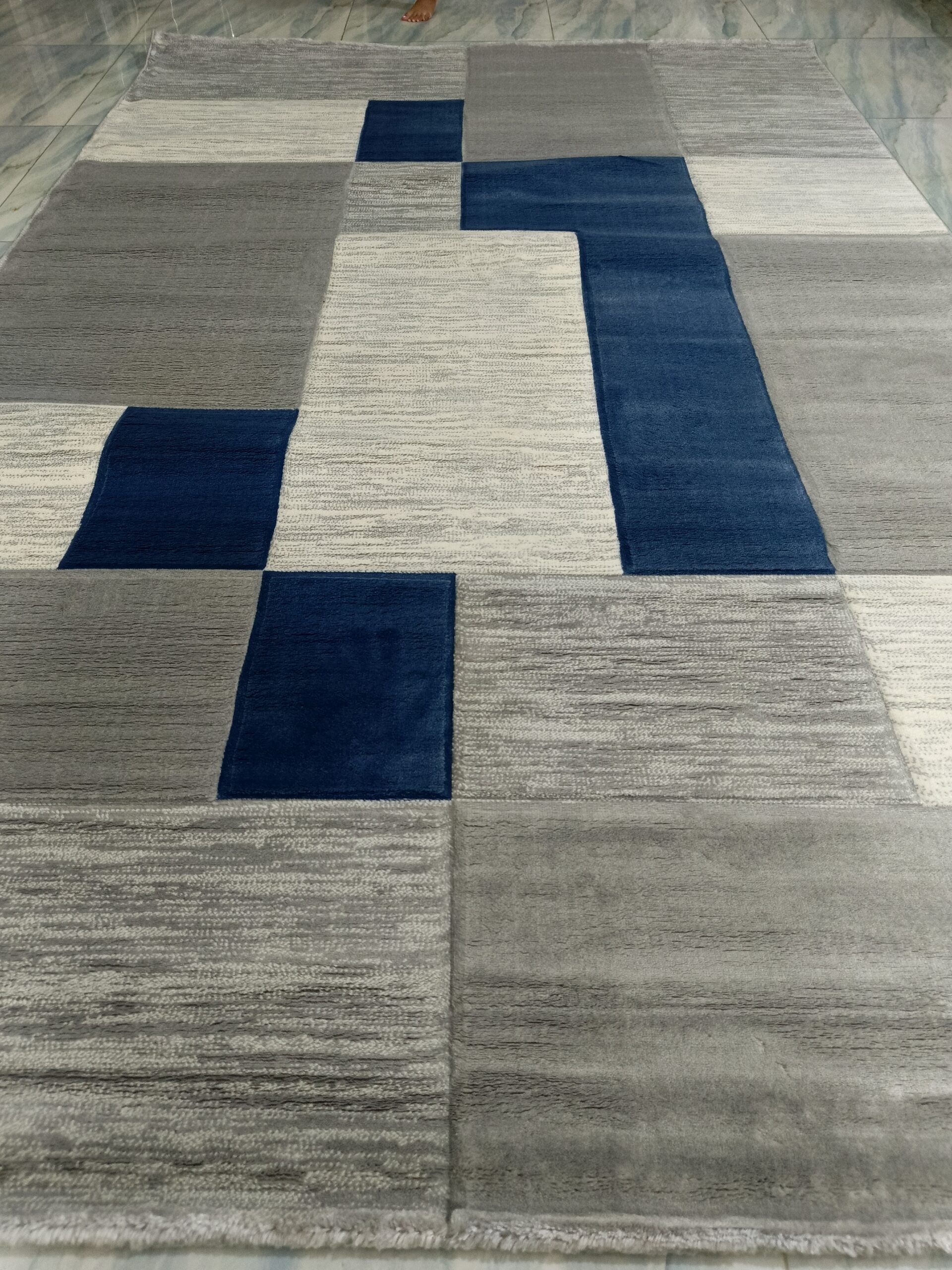 Modern Grey & Blue Patchwork Rug – 6×9 Ft Turkish Carpet | Soft Heatset Floor Mat for Living Room, Bedside & Home Corners