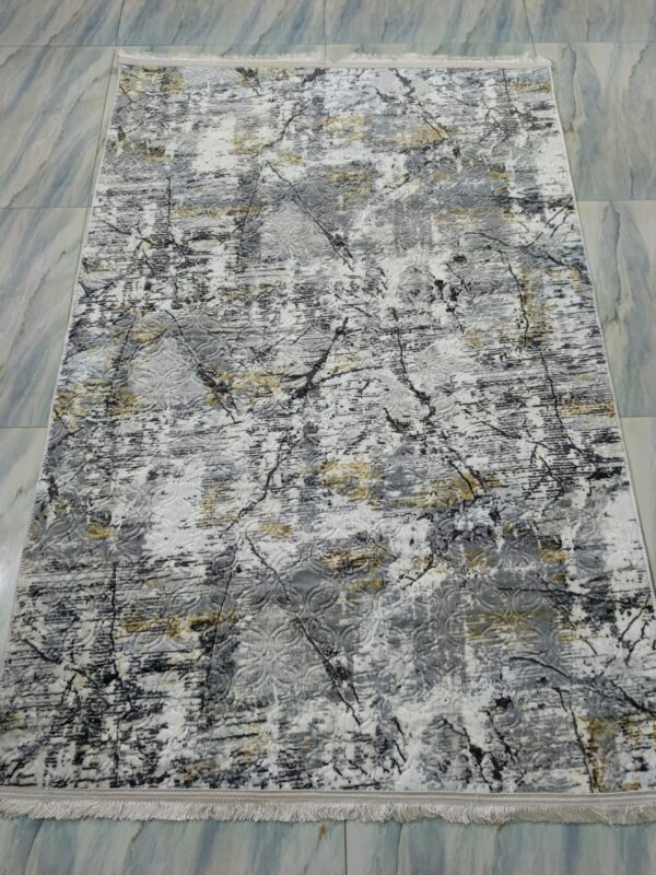 Grey & Gold Textured Turkish Rug – Embossed Abstract Carpet with Fringe for Living Room, Bedroom & Formal Corners - Image 2