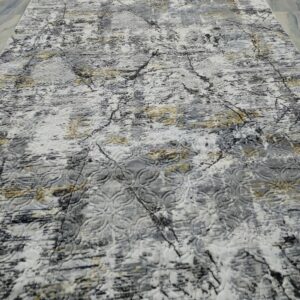 Grey & Gold Textured Turkish Rug – Embossed Abstract Carpet with Fringe for Living Room, Bedroom & Formal Corners