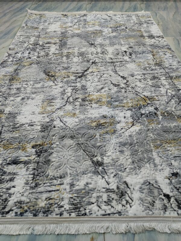 Grey & Gold Textured Turkish Rug – Embossed Abstract Carpet with Fringe for Living Room, Bedroom & Formal Corners