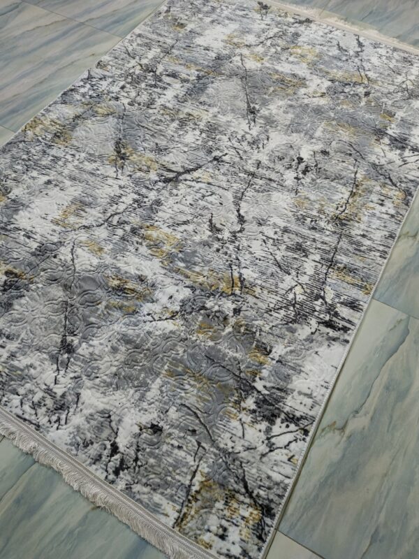 Grey & Gold Textured Turkish Rug – Embossed Abstract Carpet with Fringe for Living Room, Bedroom & Formal Corners - Image 3