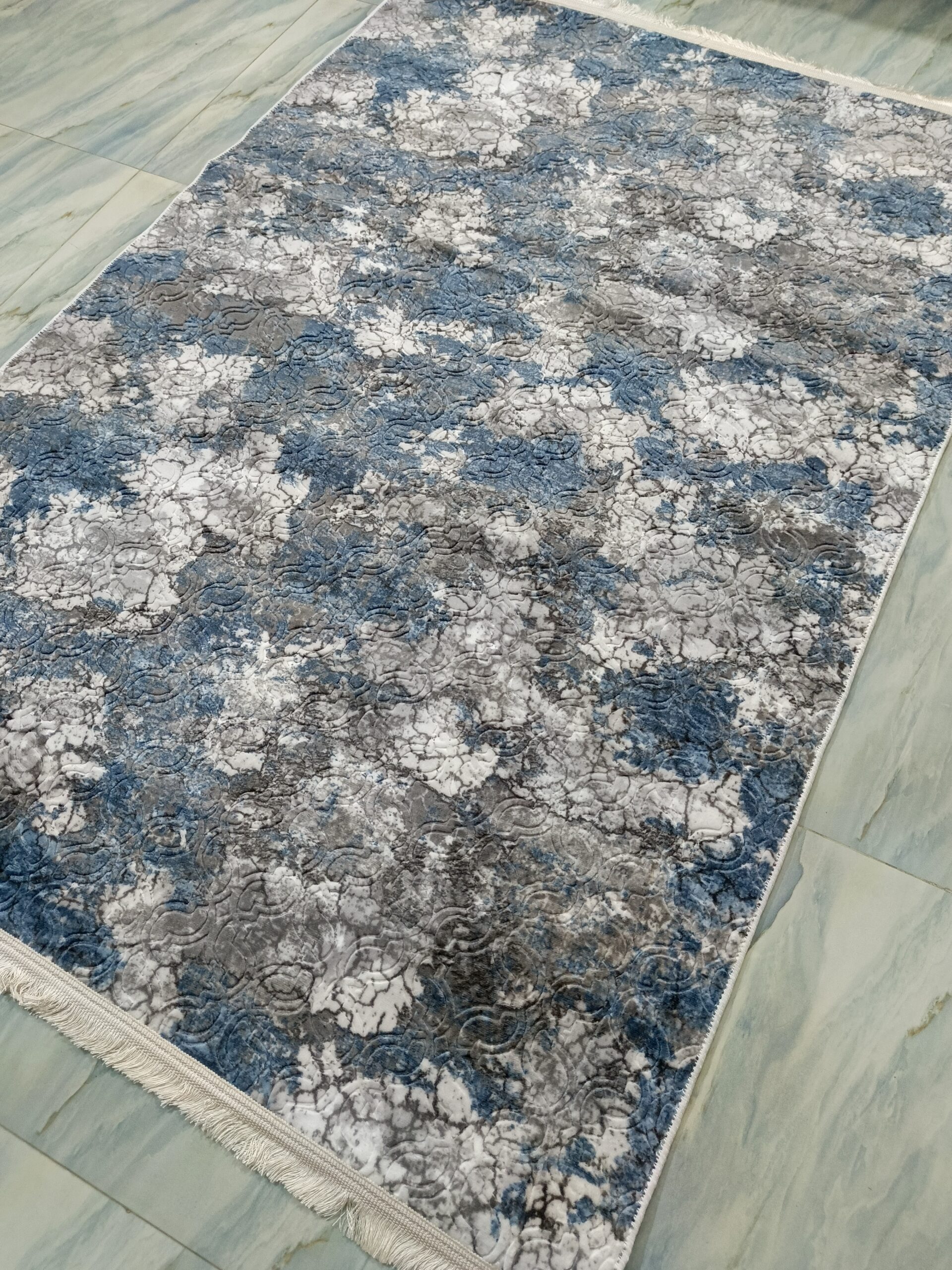 Blue Marble Textured Turkish Rug – Soft Anti-Slip Carpet with Fringe for Living Room, Bedroom & Cozy Corners