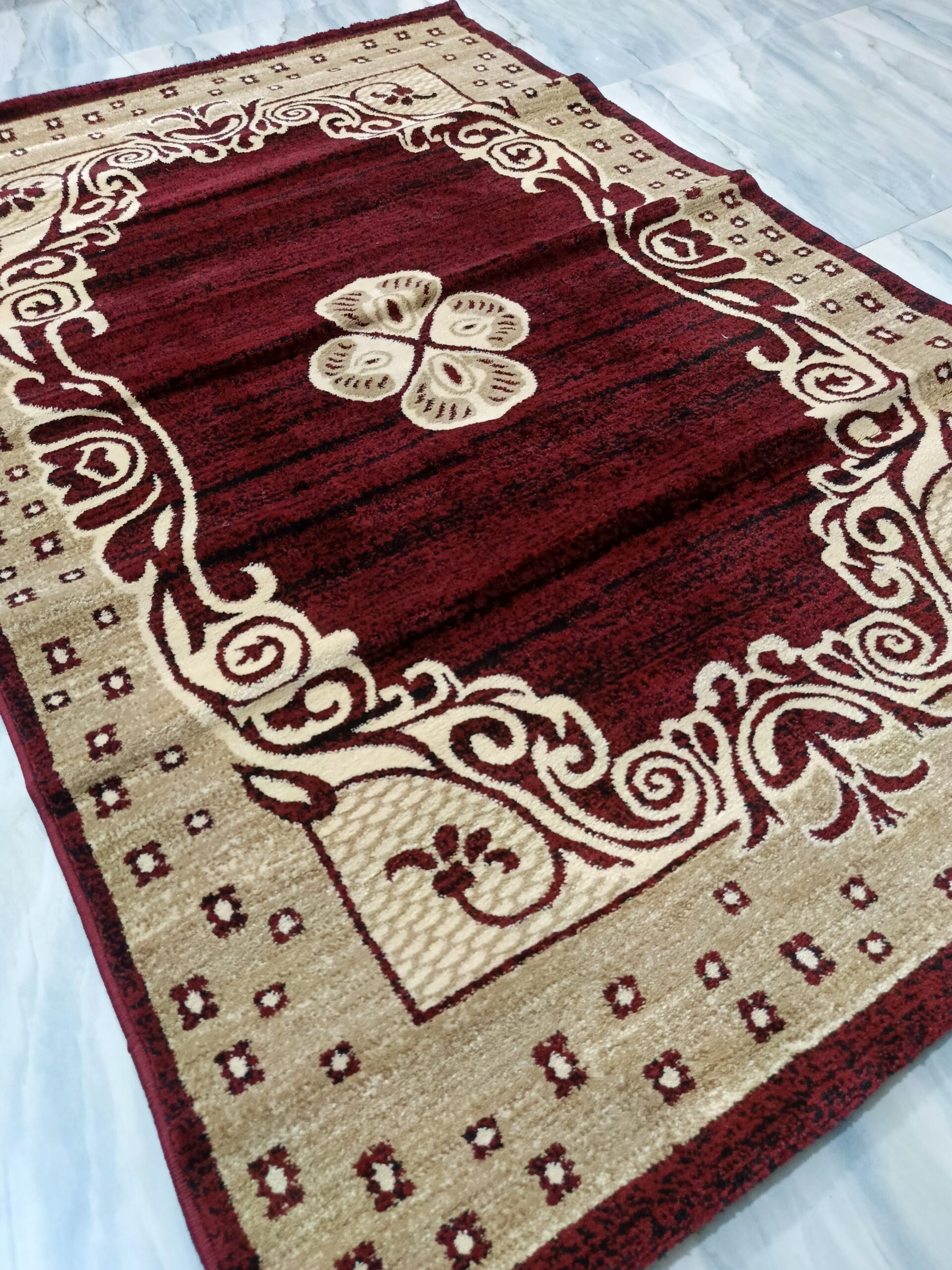 Elegant Maroon Scroll Medallion Rug – Soft Heatset Carpet | Premium Turkish Floor Mat for Prayer, Living Room & Cozy Corners