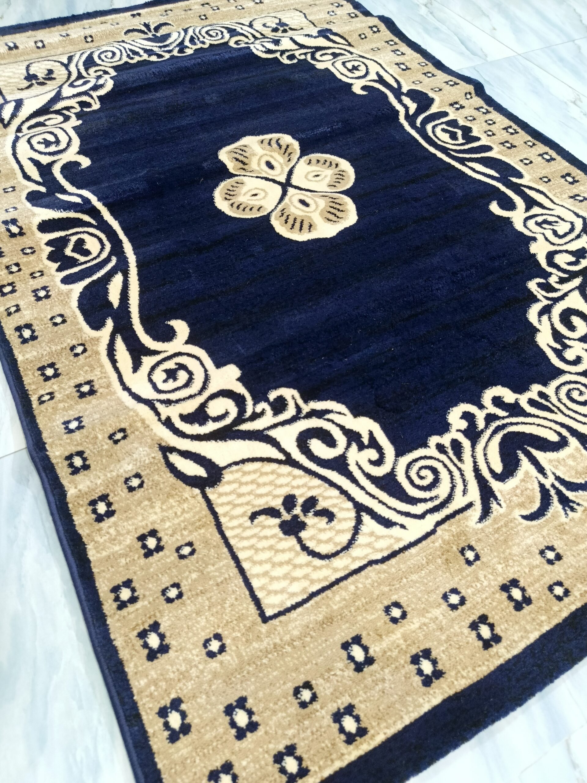 Adnan Persian Carpet – Beige & Navy | Soft Anti-Slip Turkish Rug for Living, Bedroom & Prayer Corners