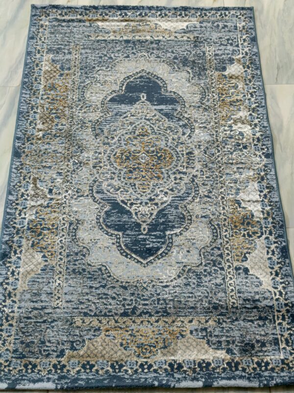 3×5 Ft Turkish Rug – Blue & Gold Shimmer | Elegant 3D Shine