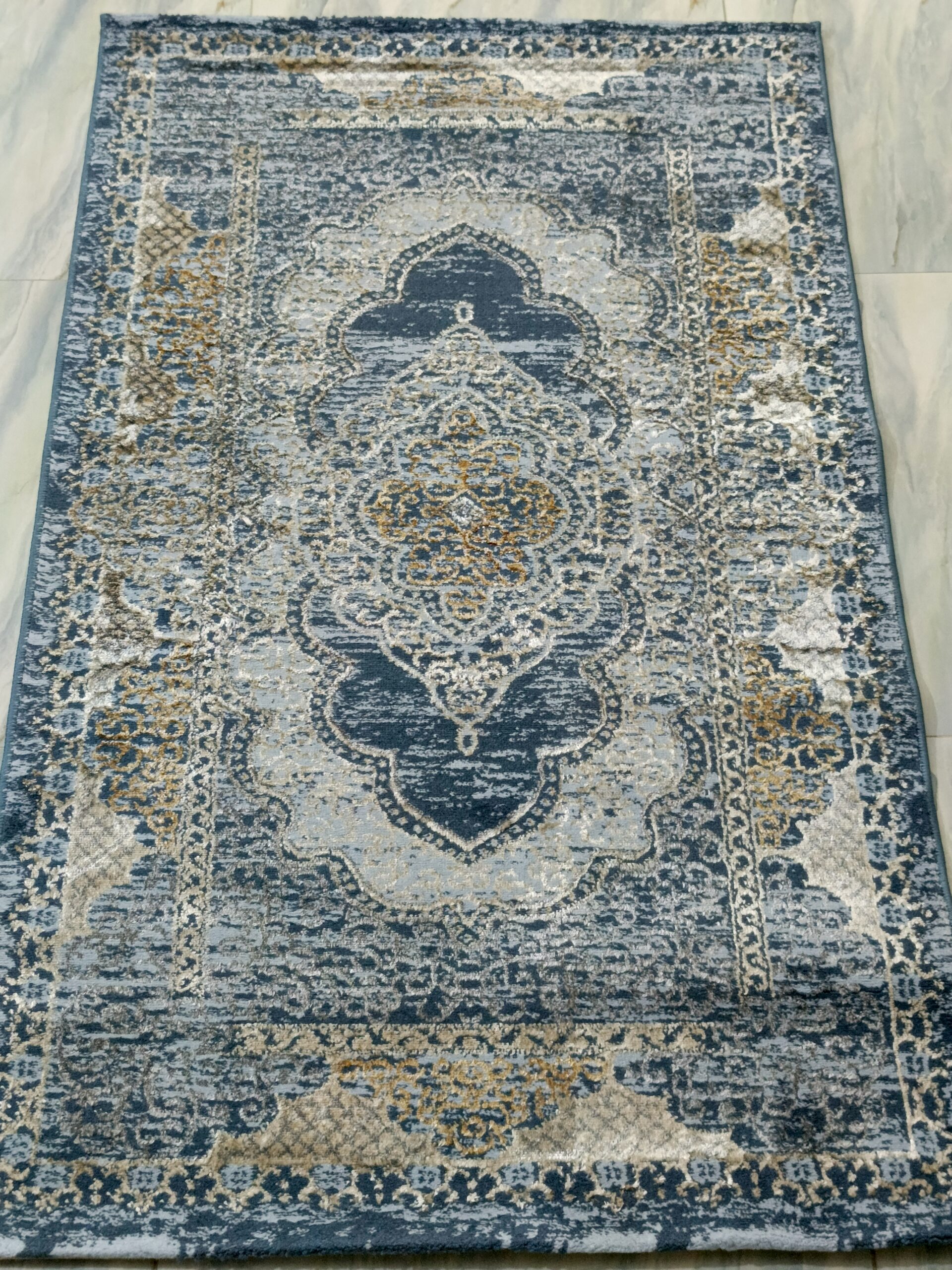 3×5 Ft Turkish Rug – Blue & Gold Shimmer | Elegant 3D Shine