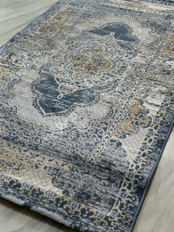 3×5 Ft Turkish Rug – Blue & Gold Shimmer | Elegant 3D Shine - Image 3