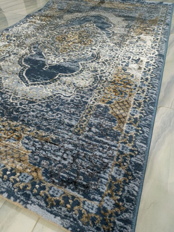 3×5 Ft Turkish Rug – Blue & Gold Shimmer | Elegant 3D Shine - Image 7