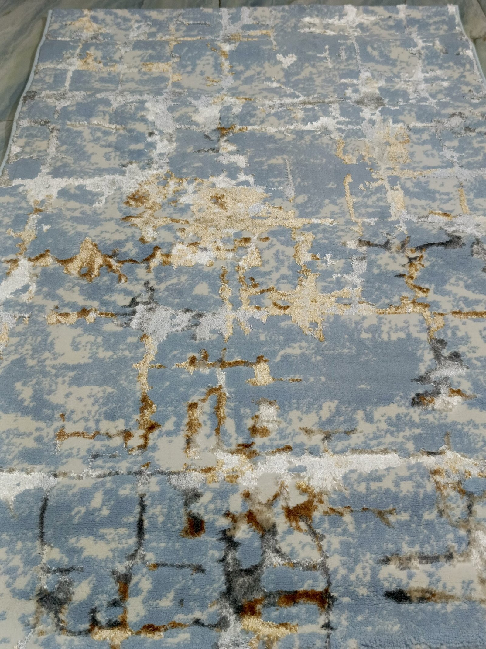 Blue & Gold Abstract Turkish 3D Shiny Rug – Soft Luxury Carpet for Bedside, Entryway & Accent Corners