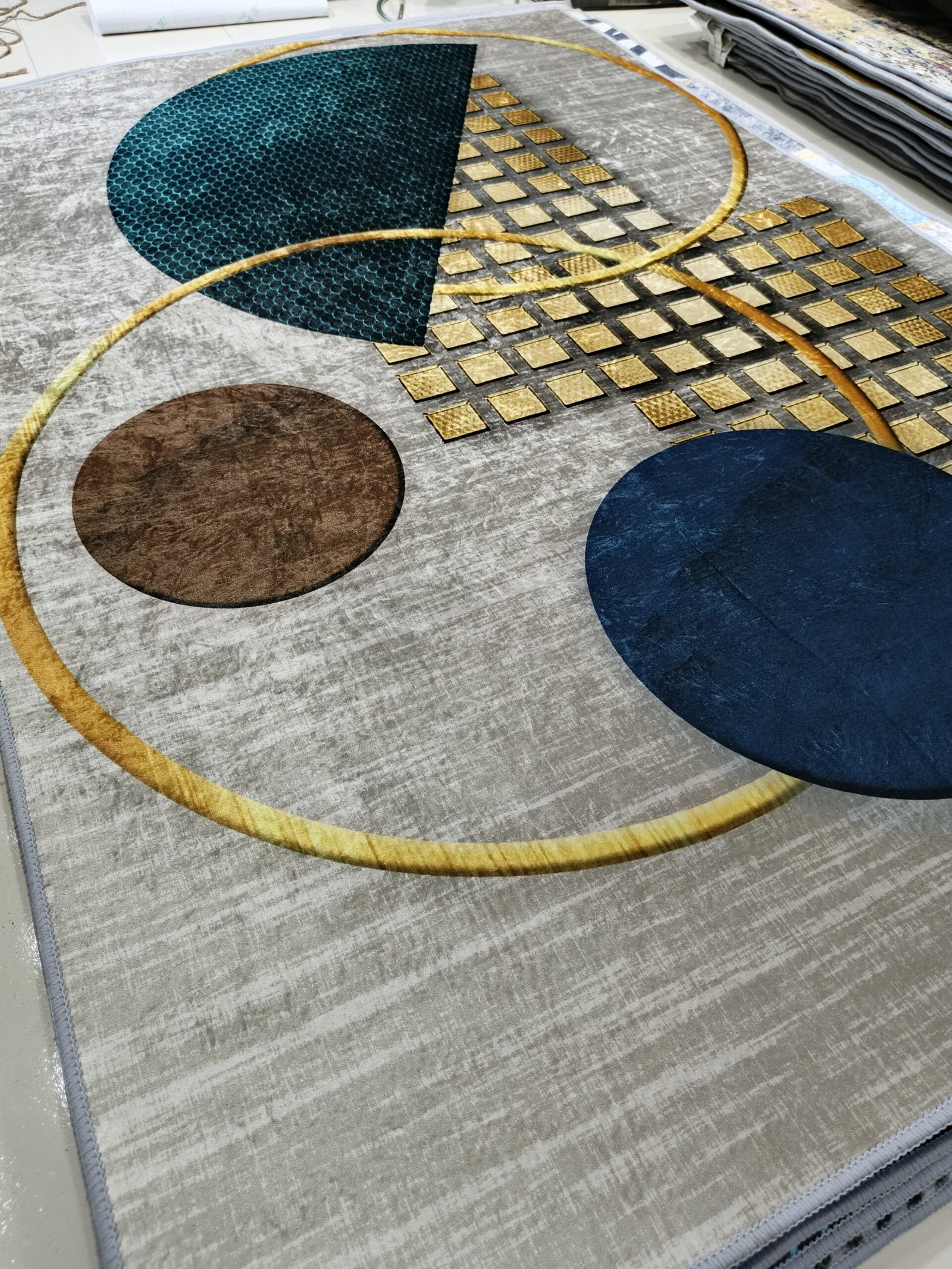 Premium Geometric Circle Rug – Blue, Gold & Brown Modern Carpet (4x6 ft, 6mm, China Origin) - Image 2