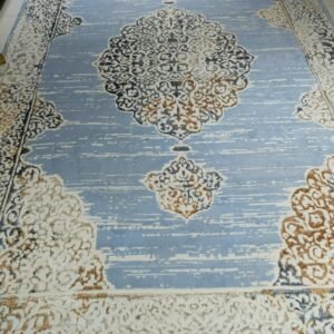 Premium Turkish 3D Shiny Carpet – Blue & Beige Medallion Design | 200×300 cm (6.6×9.8 ft) – Elegant Living Room Rug