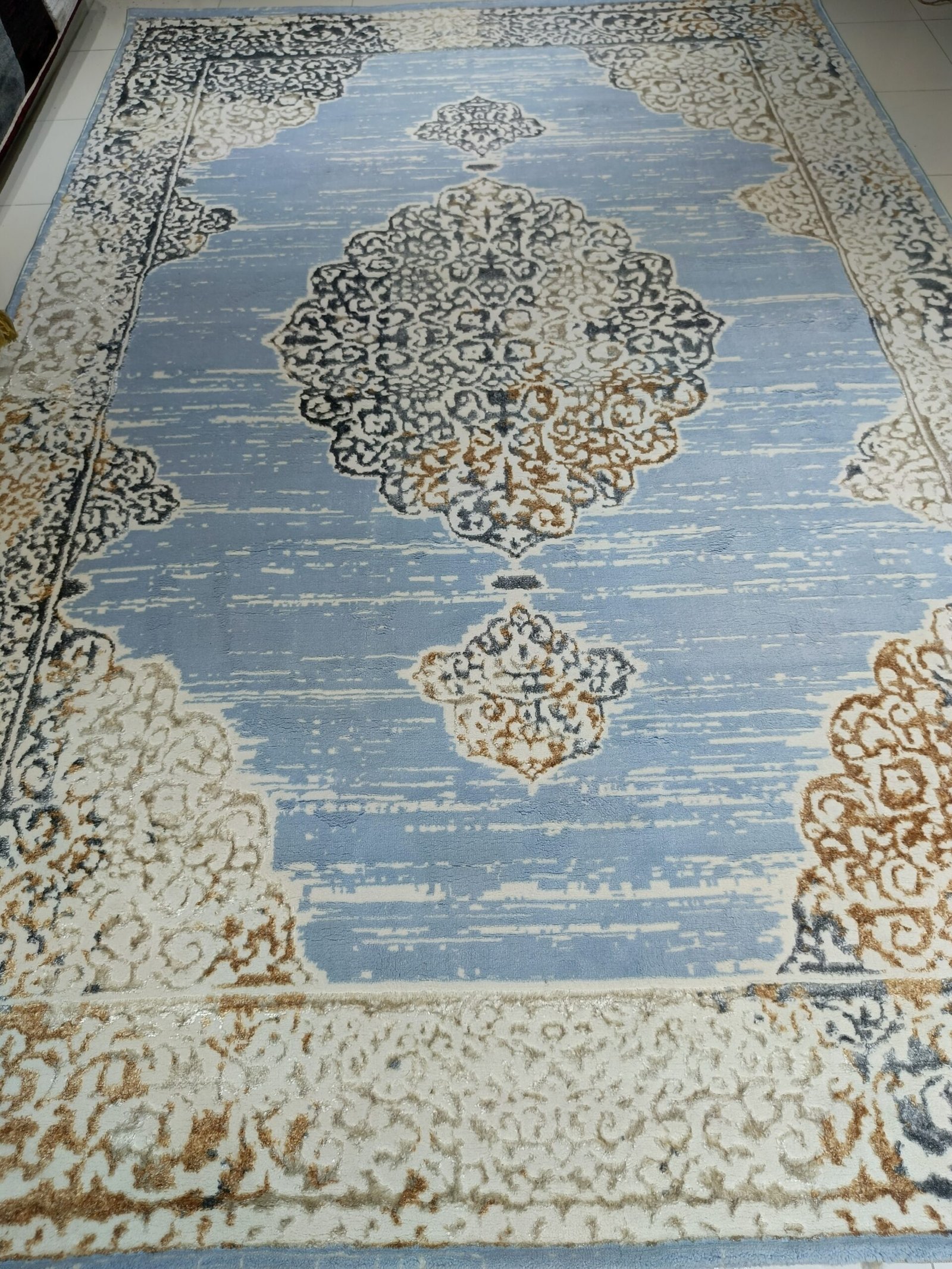 Premium Turkish 3D Shiny Carpet – Blue & Beige Medallion Design | 200×300 cm (6.6×9.8 ft) – Elegant Living Room Rug