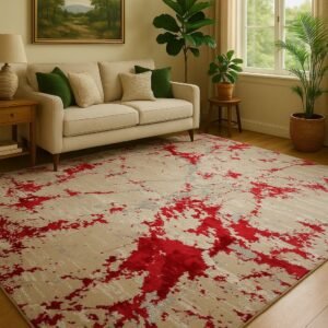 Crimson Glaze Duel-View Rug - 6.5x9.5 feet - Beige Canvas with Red & Silver Streaks
