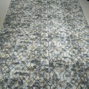 “Turkish GeoLuxe” – 6.5×9.5 ft Premium Lightweight Carpet (Soft Anti-Slip Dot Backing, Modern Grey-Gold Geometric Design)
