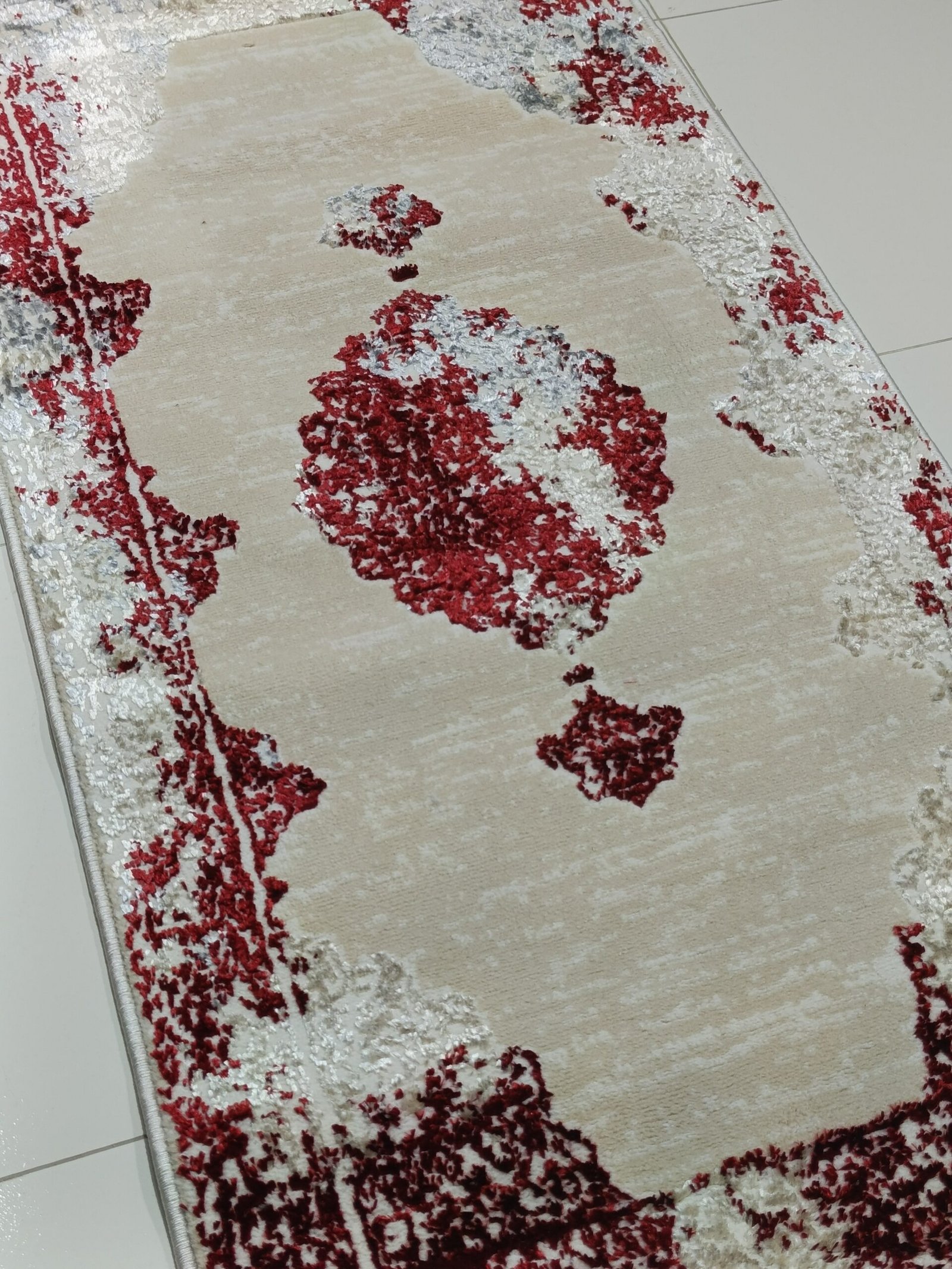 Turkish 3D Shiny VIP Rug โ Ruby Glow Beige with Red Accent Design - Image 2