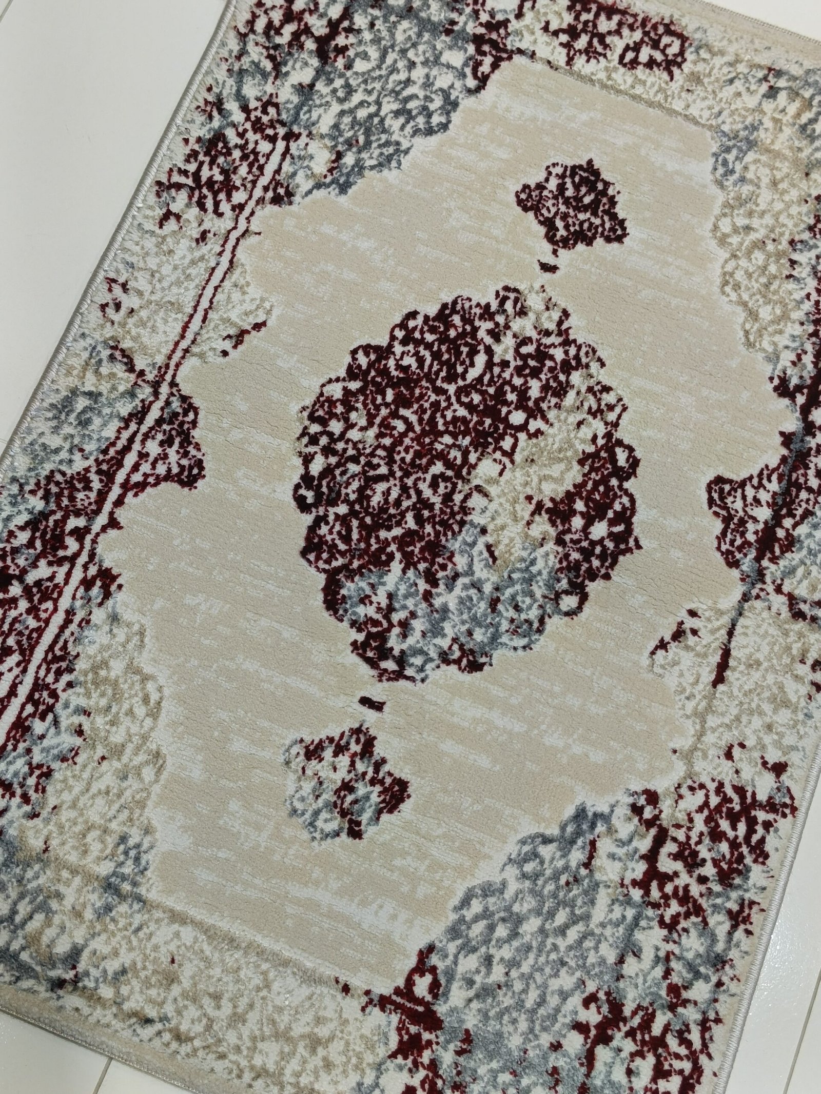 2×3 ft Turkish 3D Shiny VIP Rug – Beige Base with Maroon & Silver Pattern - Image 2