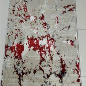 2×3 ft Turkish 3D Shiny VIP Rug – Beige with Red & Silver Abstract Design